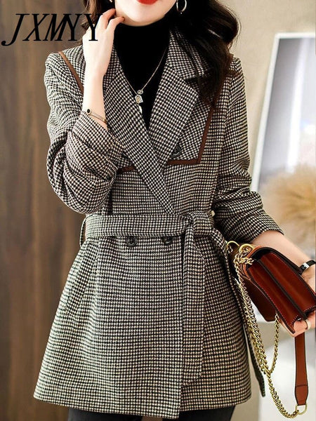 imCharms Houndstooth Blazer Women's 2023 Autumn And Winter Products Loose British Style Design Temperament Top