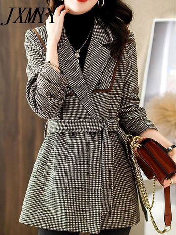 imCharms Houndstooth Blazer Women's 2023 Autumn And Winter Products Loose British Style Design Temperament Top