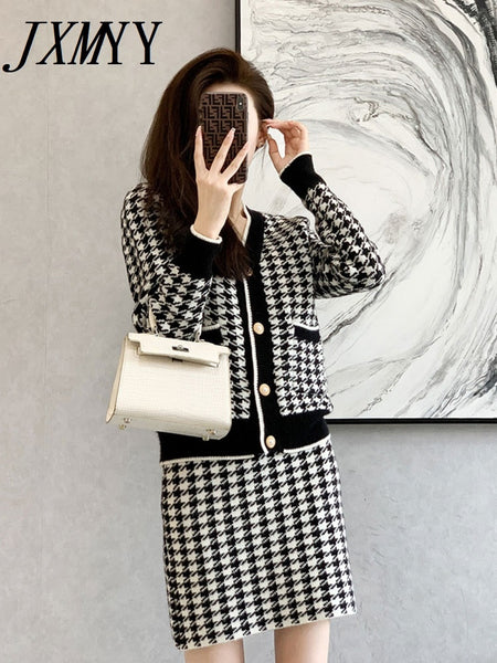 imCharms Houndstooth Knitted Suit Skirt Women's Autumn And Winter 2023 Age-Reducing Temperament Skirt Two-Piece Tide