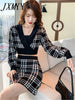 imCharms Large Size Plaid Elegant Temperament V-Neck Short Sexy Knitted Sweater Women's Autumn And Winter Two-Piece Skirt