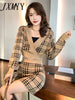 imCharms Large Size Plaid Elegant Temperament V-Neck Short Sexy Knitted Sweater Women's Autumn And Winter Two-Piece Skirt