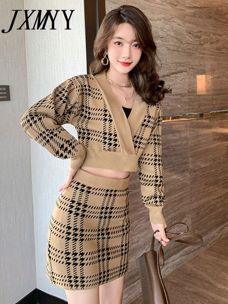 imCharms Large Size Plaid Elegant Temperament V-Neck Short Sexy Knitted Sweater Women's Autumn And Winter Two-Piece Skirt