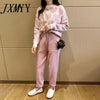 imCharms Love Printed Knitted Two Peice Suit Women Long Sleeve Sweater Tops And Solid Colors Casual Pants Female Suit