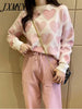 imCharms Love Printed Knitted Two Peice Suit Women Long Sleeve Sweater Tops And Solid Colors Casual Pants Female Suit