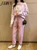 imCharms Love Printed Knitted Two Peice Suit Women Long Sleeve Sweater Tops And Solid Colors Casual Pants Female Suit