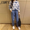 imCharms Love Printed Knitted Two Peice Suit Women Long Sleeve Sweater Tops And Solid Colors Casual Pants Female Suit