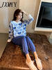 imCharms Love Printed Knitted Two Peice Suit Women Long Sleeve Sweater Tops And Solid Colors Casual Pants Female Suit