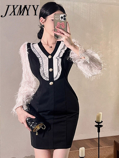 imCharms 2023 Autumn And Winter Women's French Retro Lace Stitching Elegant Temperament Dress Banquet Dress