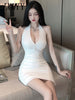 imCharms Pure White Elegant Temperament V-Neck Hanging Neck High Waist Slim Bag Hip Open Back Dress Female