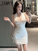 imCharms Pure White Elegant Temperament V-Neck Hanging Neck High Waist Slim Bag Hip Open Back Dress Female