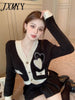 imCharms Pearl Love Temperament V Neck Sweater Female Design Sense Small Fall Winter Knitted Cardigan Jacket Thick Women