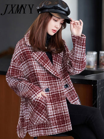imCharms Plaid Woolen Suit Jacket Women's Mid-Length Loose And Casual 2023 Autumn And Winter Suit Woolen Coat