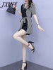imCharms Plus Size Women's 2023 Summer Elegant Temperament Striped Stitching Top + Shorts Two-Piece Set
