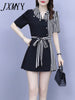 imCharms Plus Size Women's 2023 Summer Elegant Temperament Striped Stitching Top + Shorts Two-Piece Set