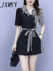 imCharms Plus Size Women's 2023 Summer Elegant Temperament Striped Stitching Top + Shorts Two-Piece Set