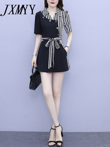 imCharms Plus Size Women's 2023 Summer Elegant Temperament Striped Stitching Top + Shorts Two-Piece Set