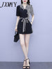 imCharms Plus Size Women's 2023 Summer Elegant Temperament Striped Stitching Top + Shorts Two-Piece Set