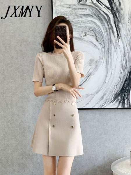 imCharms Retro Knitted Skirt 2023 Summer Design Elegant Temperament Ladies Short-Sleeved Dress Women's