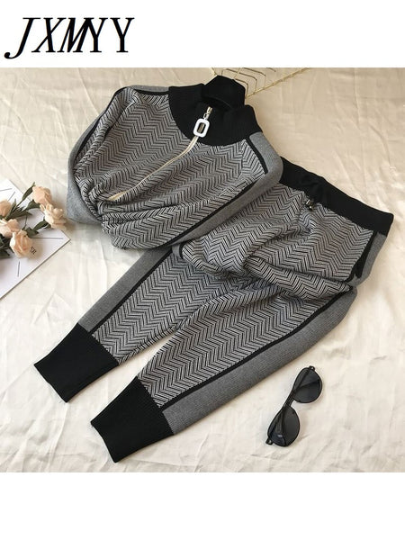 imCharms Women Tracksuit Patchwork Turtleneck Zipper Knitted Cardigans Sweater Pants Suit 2 Piece Set Trousers Elastic
