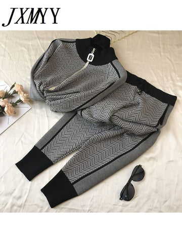 imCharms Women Tracksuit Patchwork Turtleneck Zipper Knitted Cardigans Sweater Pants Suit 2 Piece Set Trousers Elastic