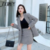 imCharms Female 2023 Korean Suit Plaid Mid-Length Woolen Coat Temperament Package Hip Skirt Two-Piece Suit
