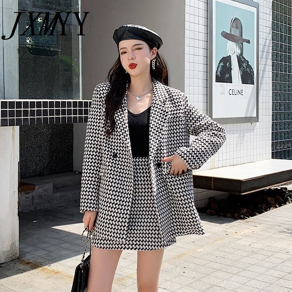 imCharms Female 2023 Korean Suit Plaid Mid-Length Woolen Coat Temperament Package Hip Skirt Two-Piece Suit