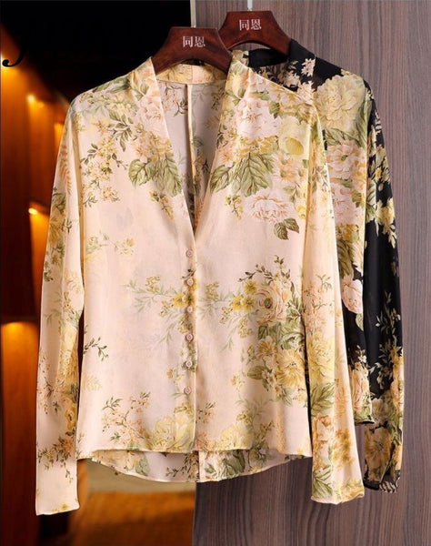 imCharms French Elegant V-Neck Printed Shirt Women's 2023 Summer Long-Sleeved Loose Printed Cardigan Trend