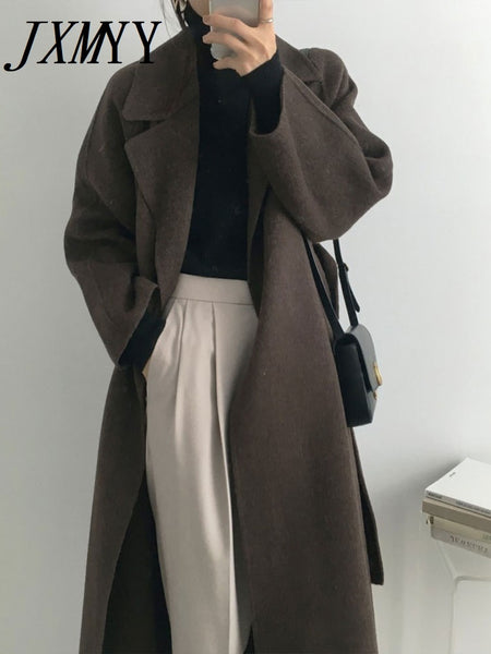 imCharms French Lazy Style Warm Female Fresh Winter 2023 Classical Belt Retro Loose Women Woolen Coats Chic Casual Long Coat Long