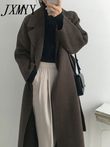 imCharms French Lazy Style Warm Female Fresh Winter 2023 Classical Belt Retro Loose Women Woolen Coats Chic Casual Long Coat Long