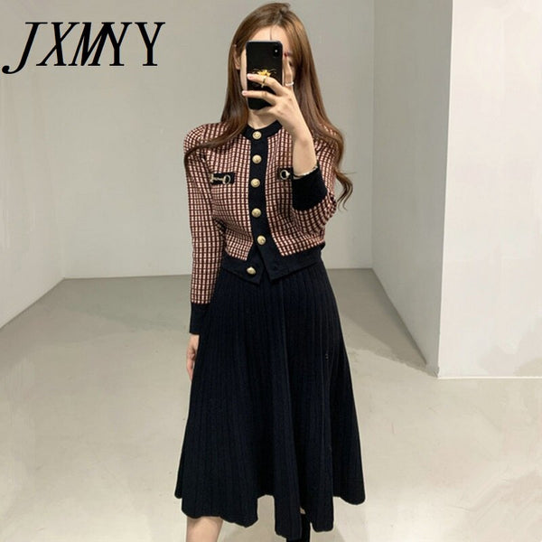 imCharms French Small Fragrance Pattern Short Cardigan Sweater Women Autumn And Winter Long Knitted Black Pleated Skirt Suit
