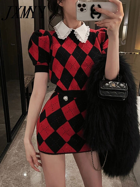 imCharms Gentle Wind Diamond Knitted Sweater Two-Piece Women's 2023 Summer Style Short-Sleeved Sweater Suit Skirt