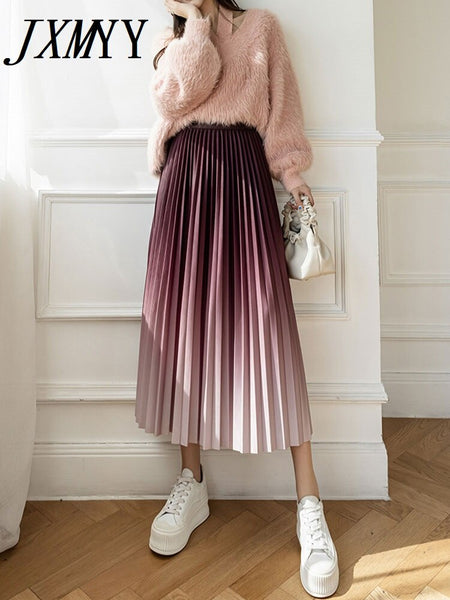 imCharms Gradient Color Pleated Skirt Skirt Women's 2023 Autumn And Winter High-End Drape Mid-Length A-Line Mid-Length Skirt