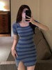 imCharms 2023 And Elegant Temperament Square Neck Knitted Dress Somen's Summer Design Slit Slim Sexy Hip Skirt