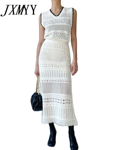 imCharms Ins Two-piece Tassel Weave Design Hollow Elegant Temperament Suit 2023 Spring And Summer Package Hip Skirt Women