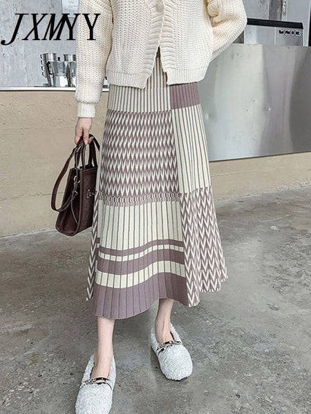 imCharms Knitted Skirt Women's A-Line Long Autumn And Winter High-Waisted Slim-Fit Large-Swing Pleated Plus-Size Skirt