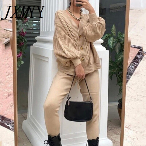 imCharms Knitted Tracksuit Women V Neck Cardigan Sweater And Elastic Pants Women's 2 Piece Set Knitting Suit 2023 Autumn Winter