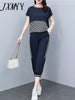 imCharms Large Size Suit Women's 2023 Summer Casual Loose And Thin Printing Stitching Cropped Pants Two-Piece Set