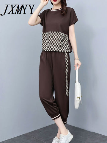 imCharms Large Size Suit Women's 2023 Summer Casual Loose And Thin Printing Stitching Cropped Pants Two-Piece Set