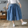 imCharms Loose Large Size Wide Leg Pants Skirt Elastic Waist Half Body Pants Cropped Pants Casual Denim Big Feet Pants