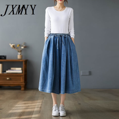 imCharms Loose Large Size Wide Leg Pants Skirt Elastic Waist Half Body Pants Cropped Pants Casual Denim Big Feet Pants