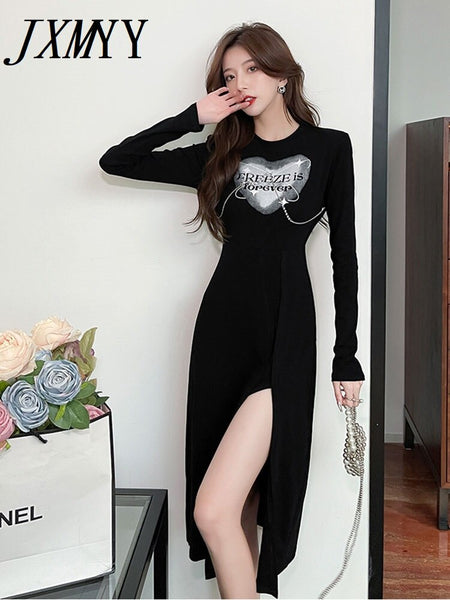 imCharms Lrregular Slit Design Sense Long-Sleeved 2023 Autumn And Elegant Temperament Waist Dress