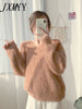 imCharms Mink Fur Imitation Mink Fleece Sweater Women's Autumn And Winter Thickening Winter Loose And Lazy Style Mohair V-Neck Top