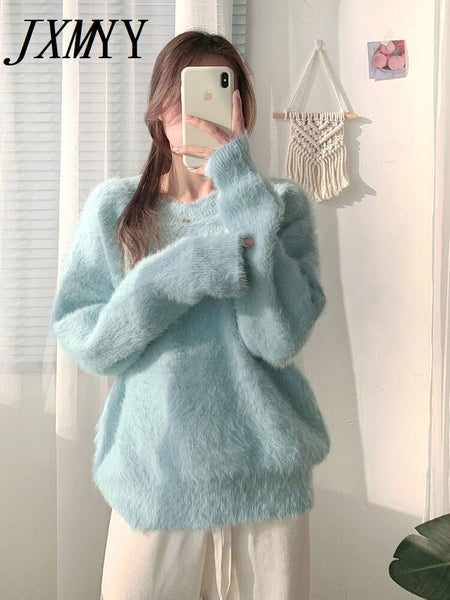 imCharms Mink Fur Imitation Mink Fleece Sweater Women's Autumn And Winter Thickening Winter Loose And Lazy Style Mohair V-Neck Top