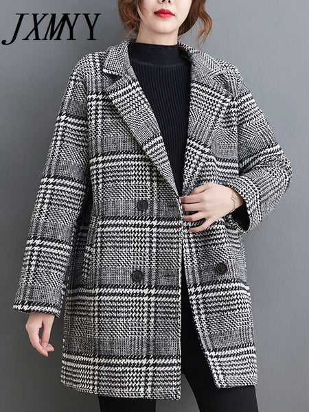 imCharms Autumn And Winter Mid-Length Woolen Coat Women's Large Size Loose And Thin Elegant Temperament Plaid Coat