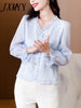 imCharms Elegant Temperament V-Neck Shirt Women's Autumn Long-Sleeved 2023 Short Shirt High-Quality Bubble Chiffon Top