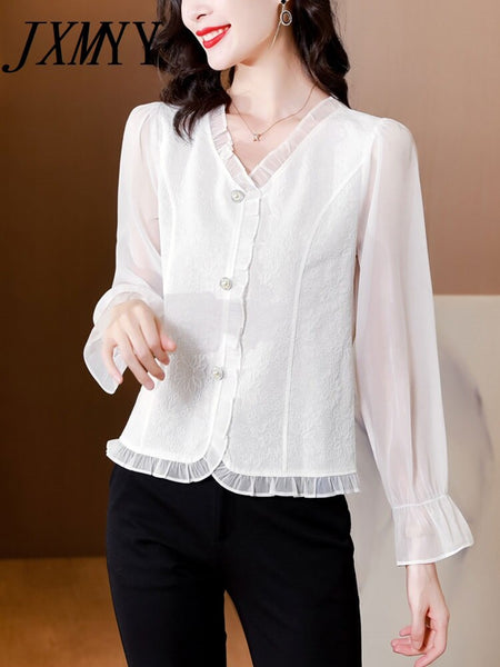 imCharms Elegant Temperament V-Neck Shirt Women's Autumn Long-Sleeved 2023 Short Shirt High-Quality Bubble Chiffon Top