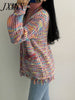 imCharms Rainbow Contrast Color Temperament V-Neck Sweater Coat Women's Loose Lazy Wind Tassel Knitted Cardigan Top Trendy