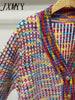 imCharms Rainbow Contrast Color Temperament V-Neck Sweater Coat Women's Loose Lazy Wind Tassel Knitted Cardigan Top Trendy