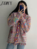 imCharms Rainbow Contrast Color Temperament V-Neck Sweater Coat Women's Loose Lazy Wind Tassel Knitted Cardigan Top Trendy