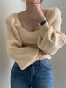 imCharms Retro Temperament Square Collar Bubble Sleeve Solid Color Knitted Top Women's Fall/Winter Slimming Waist Sweater